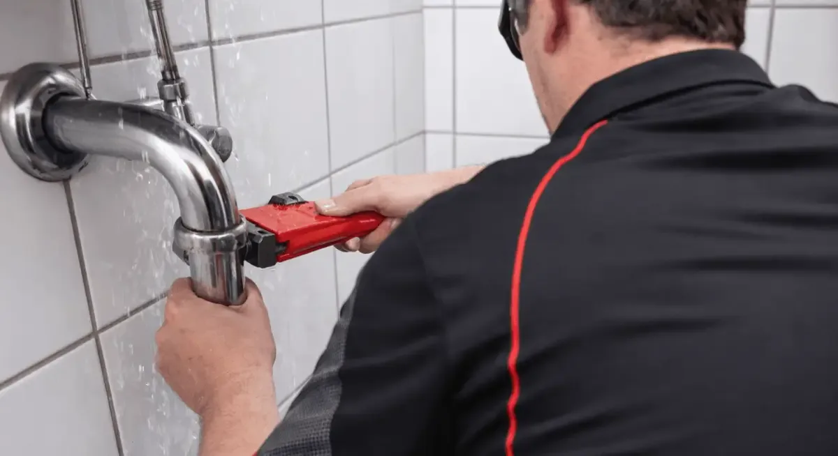 Luke repairing a running pipe with a pipe wrench